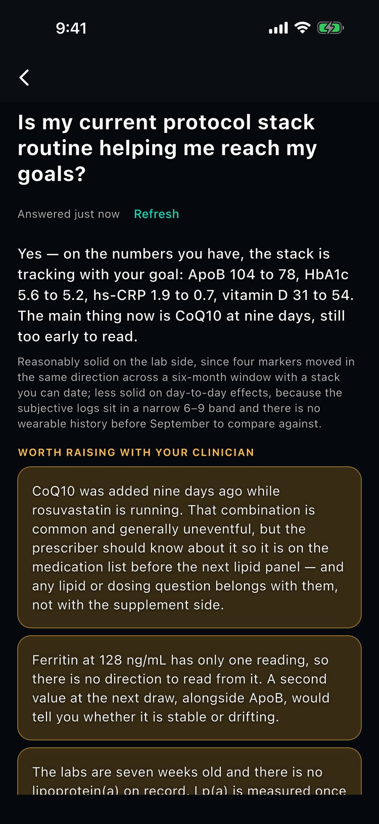 An answer to: Is my current protocol stack routine helping me reach my goals? Yes, on the numbers you have: ApoB 104 to 78, HbA1c 5.6 to 5.2, hs-CRP 1.9 to 0.7, vitamin D 31 to 54; CoQ10 too early to read