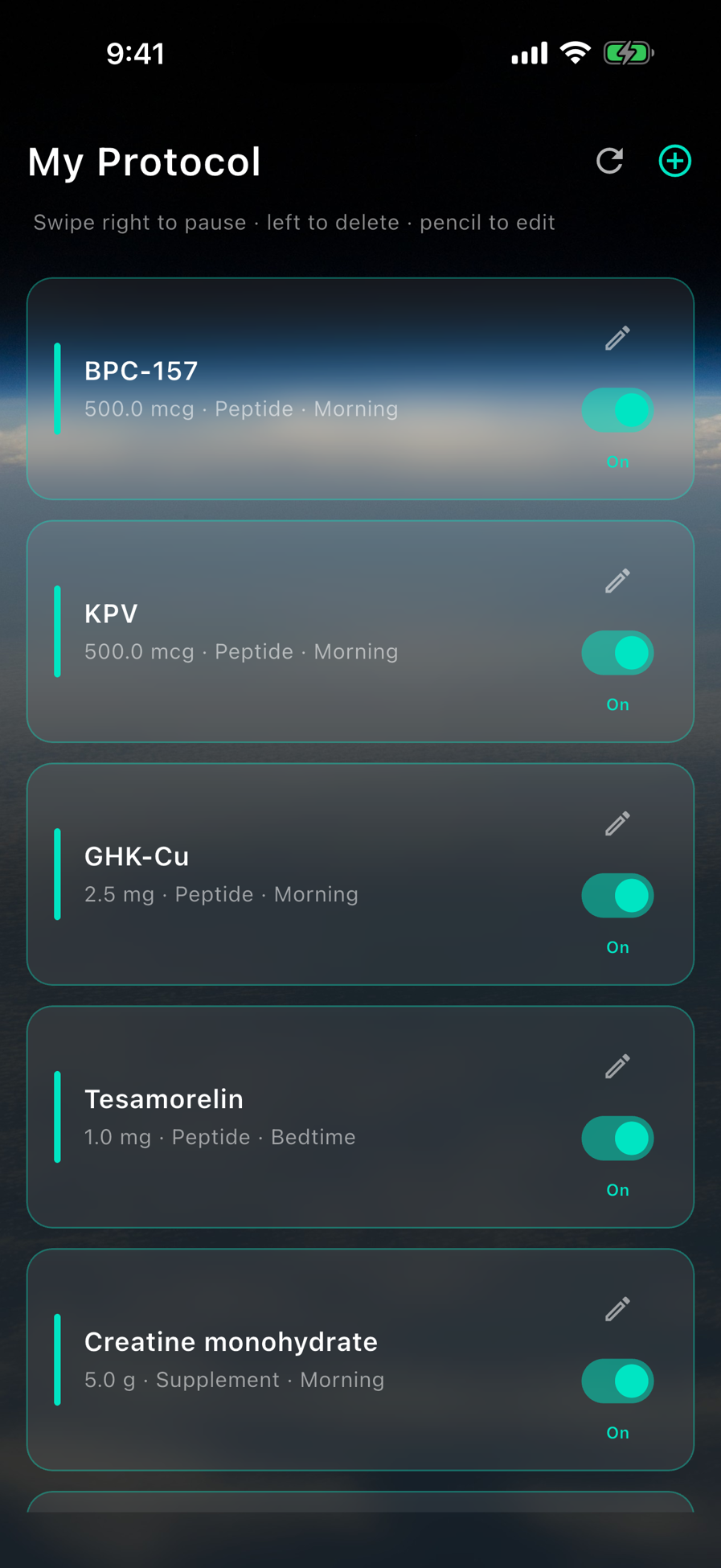 A protocol list showing peptides and supplements with doses and time blocks